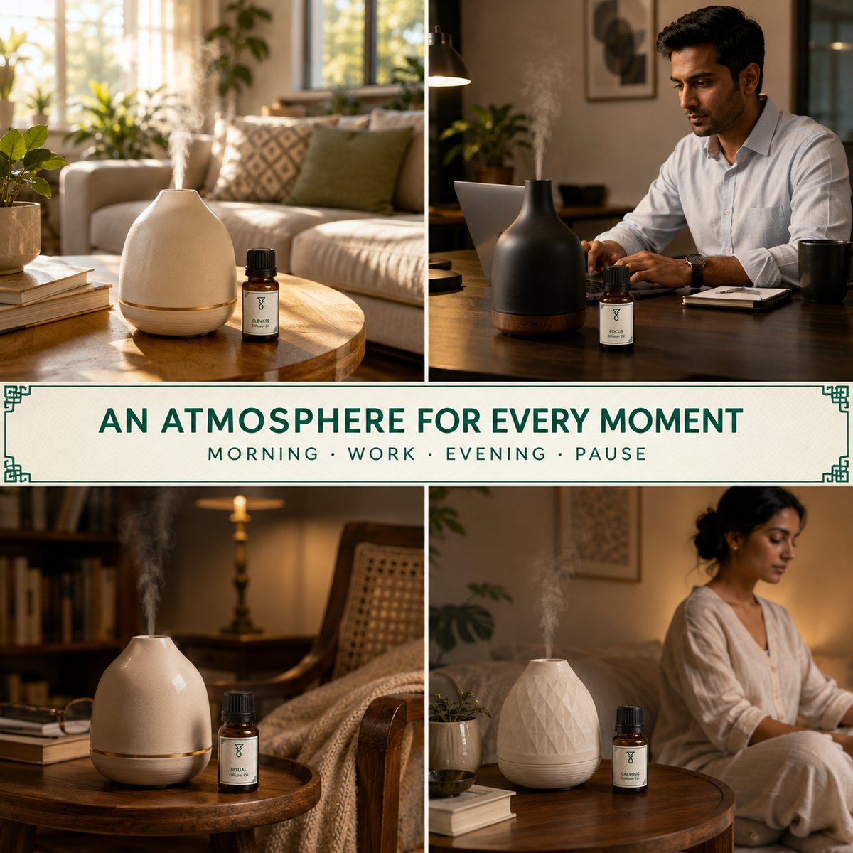 Diffuser oils in use for morning, work, evening and pause