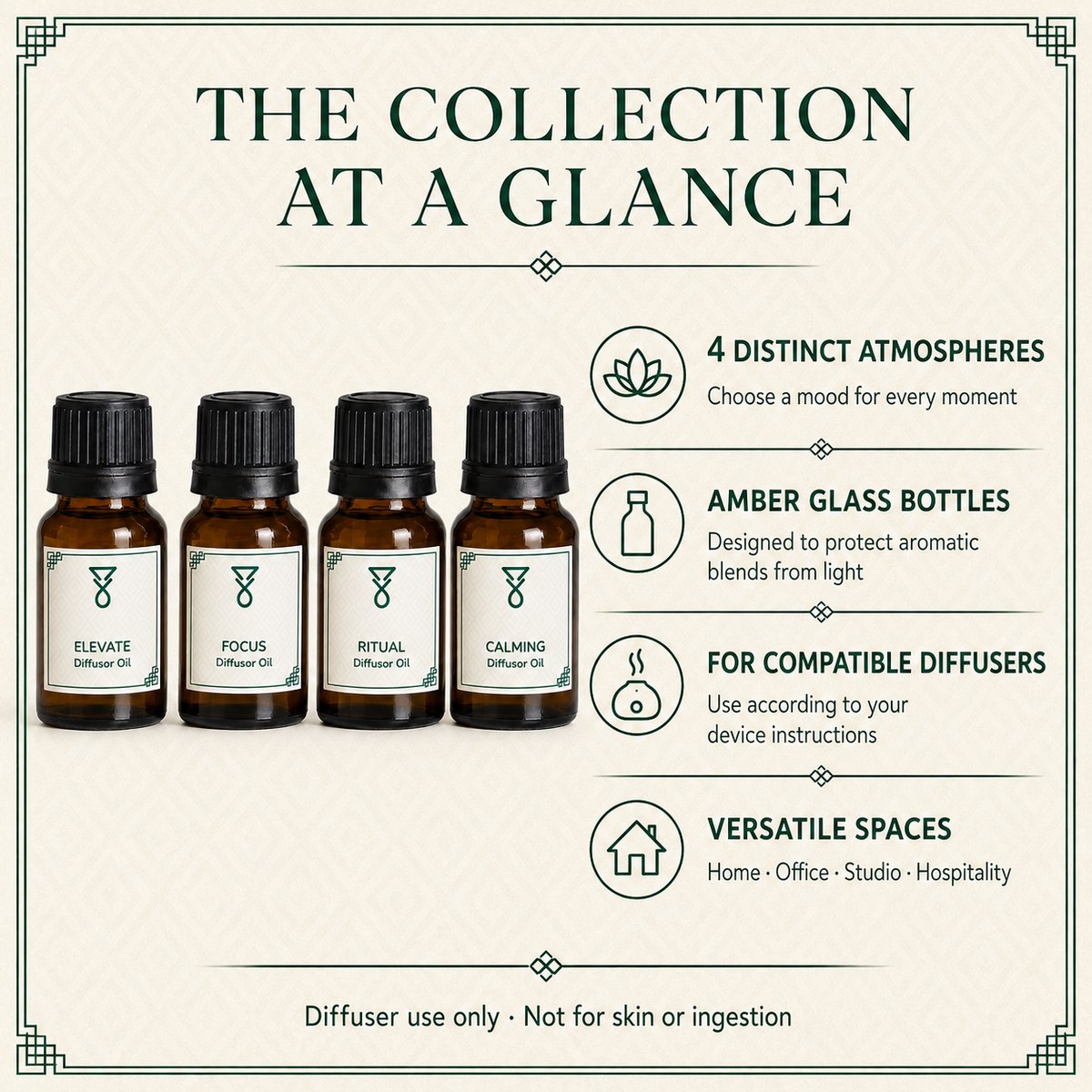 Diffuser oil collection at a glance: four atmospheres, amber glass, for compatible diffusers