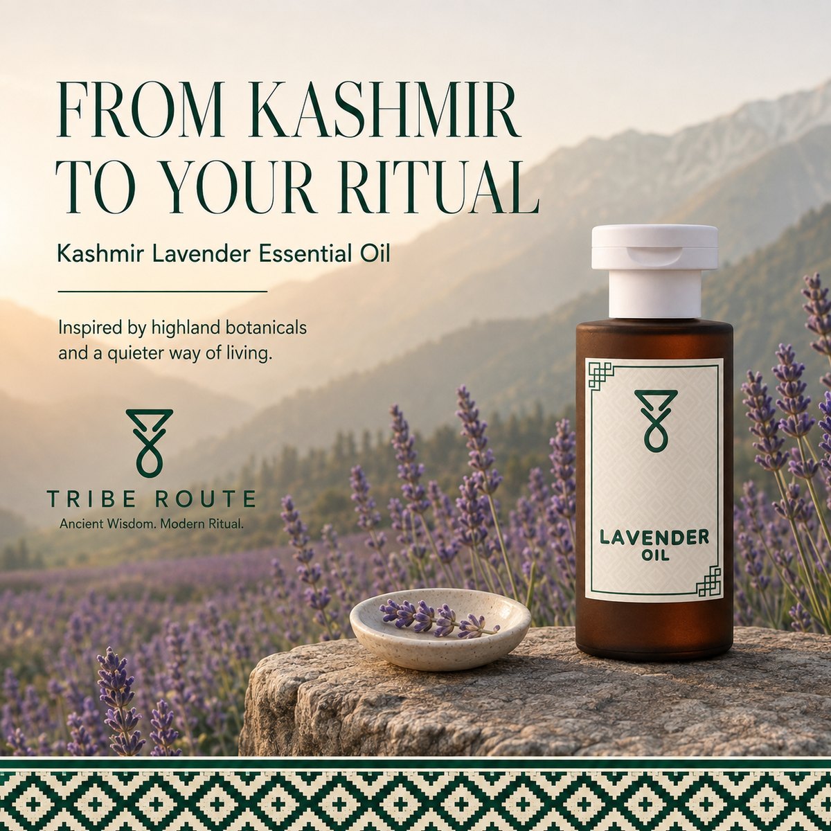 From Kashmir to your ritual: lavender oil on a stone ledge in a lavender field