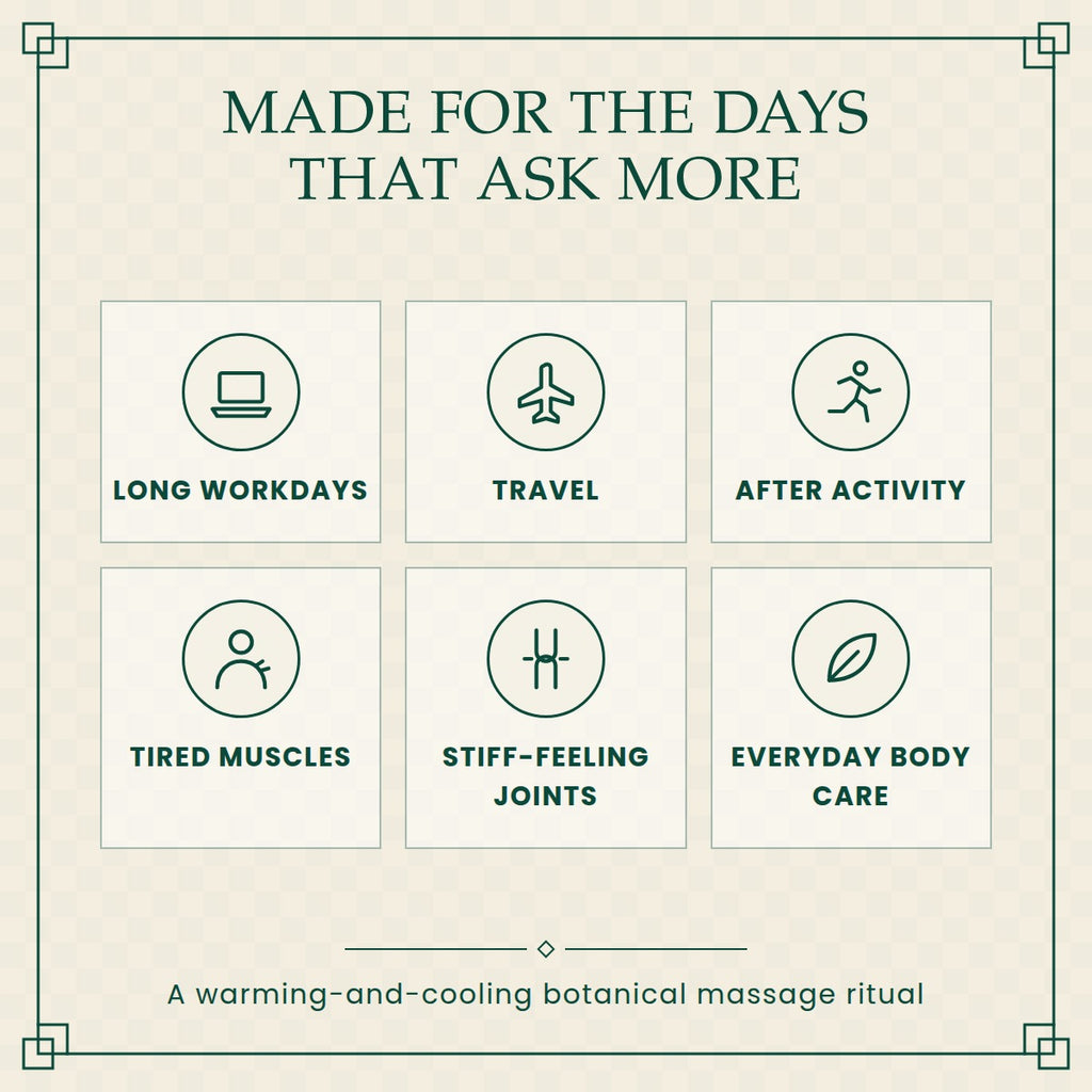 Made for long workdays, travel, after activity, tired muscles and stiff joints