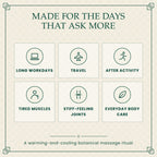 Made for long workdays, travel, after activity, tired muscles and stiff joints