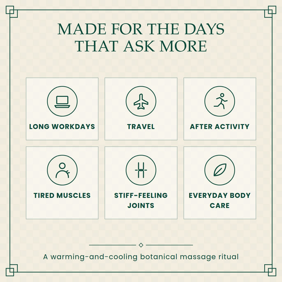 Made for long workdays, travel, after activity, tired muscles and stiff joints