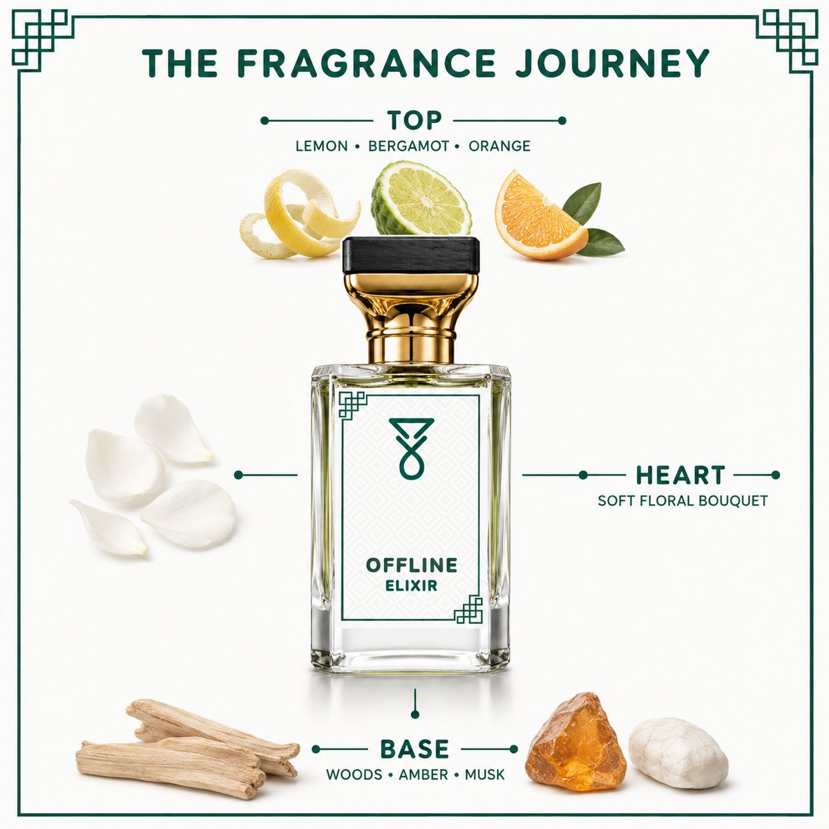 Offline Elixir fragrance notes: lemon, bergamot, orange; soft florals; woods, amber, musk