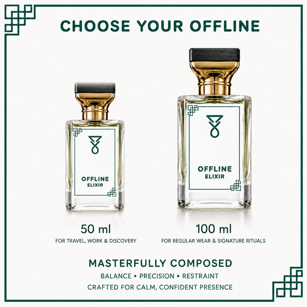 Offline Elixir 50 ml and 100 ml bottles side by side